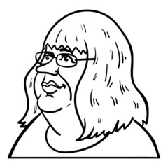 Vector cartoon comic drawing of a fat woman with glasses and long nose. Face, outline, sketch, black, white, funny.