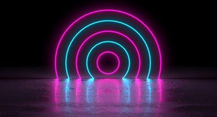 Sci-Fi Futuristic Blue Pink Neon Glowing Circle Round Shape Tubes On Reflection. 3D Rendering Illustration