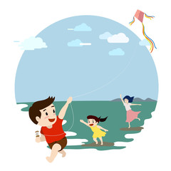 Family playing kite in a field, mother son and daughter, vector illustration