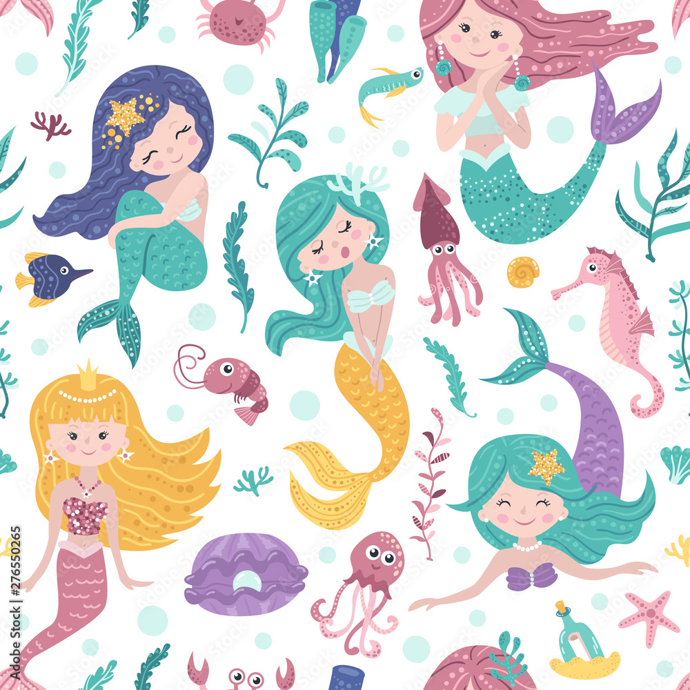 Wall mural seamless pattern with cute mermaids, seaweed and fishes