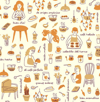 Coffee store elements with people and text in spanish seamless pattern in warm colors, orange and yellow. Brunch and teatime hand drawn icons for backgrounds, textile, wrapping paper and wallpaper