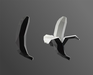 Bananas in Black and White. Dark Set of Whole and Peeled Banana. Low Poly Vector Greyscale 3D Rendering