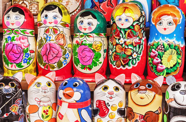 Matryoshka is a national Russian souvenir. Russian wooden doll matryoshka on the counter of the gift shop. Nested doll.