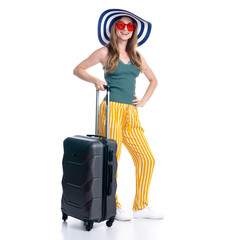 Woman with summer hat, sunglasses smiling happiness standing walking on white background isolation