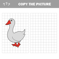 Goose. Copy the picture. Coloring book. Educational game for children. Cartoon vector illustration