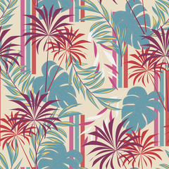 Fototapeta na wymiar Abstract seamless pattern with colorful tropical leaves and plants on pastel background. Vector design. Jungle print. Floral background. Printing and textiles. Exotic tropics. Summer design.