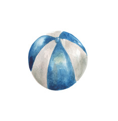 Watercolor blue and white beach ball on a white background. For design compositions on the theme of summer holidays, vacations, holidays on the ocean, sea or near the pool.