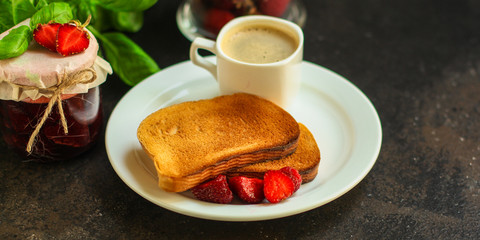 Toast, strawberry jam and coffee - breakfast (tasty snack, basil, dessert). food background. top view. copy space