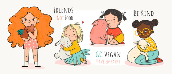 Friends not food. Be kind go vegan. Cruelty free logo. Vegan concept. Cute little girls with various animals. Set of hand drawn vector colored trendy illustrations. Flat design. Everything is isolated