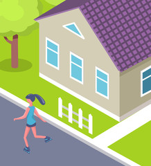 Woman rollerblading near house, activity in yard , back view of girl wearing sportswear, close up view of cottage with windows, green grass and tree vector