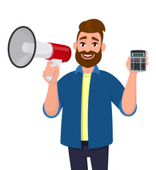 Young man showing or holding megaphone (loudspeaker) and digital calculator device and magnifying glass in hand. Marketing announcement, sale, modern lifestyle & latest technology in cartoon style.
