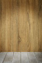 Empty top wooden table and wood wall