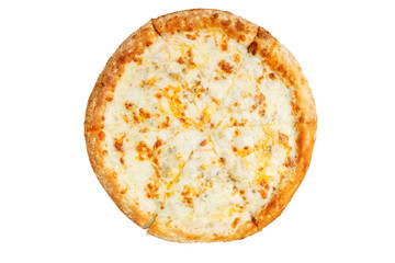 Fresh cheese pizza with different types of cheese isolated on white. Top view.