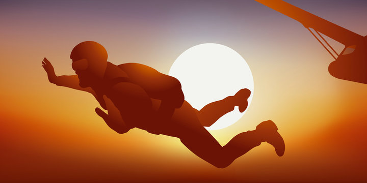 Concept de la sensation de liberté de la chute libre avec un homme qui saute d’un avion en parachute, devant un soleil couchant.