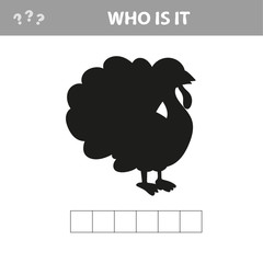Who is it - shadow image. Educational games for kids. Crossword puzzle turkey, farm bird