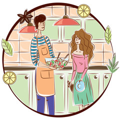 Graphic illustration on the theme of love and relationships. Young married couple at home cooking, engaged in joint cooking. Illustration for t-shirts, trenches or covers.
