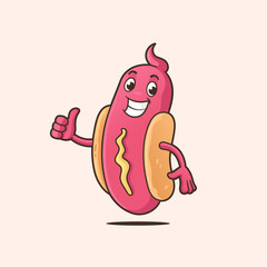 Happy hot dog mascot showing thumb up vector cartoon illustration