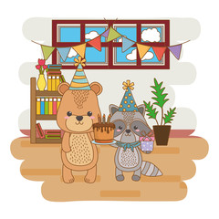 Animals cartoons with happy birthday cake design