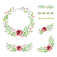 Vector Set of floral branch, wreaths, heart. Flower pink rose, leaves. Wedding concept. Floral poster, invite.