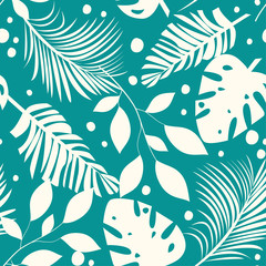 Trend seamless tropical pattern with colorful leaves and plants on green background. Vector design. Jungle print. Floral background. Printing and textiles. Exotic tropics. Summer.