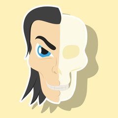 Comic stylized superhero skeleton face. Print sticker illustration