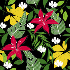 Abstract seamless tropical pattern with colorful leaves, plants and flowers on black background. Vector design. Jungle print. Floral background. Printing and textiles. Exotic tropics. Summer.