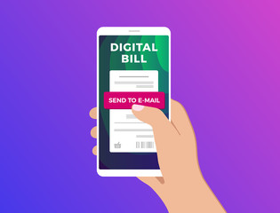 Digital bill on mobile internet banking vector concept. Electronic receipt or invoice on smartphone screen in hand.  Online money transaction with phone. For website template,  webpage layout icon.