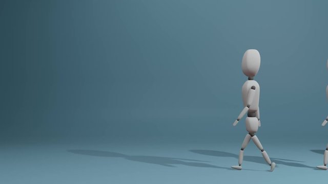 Slow alking group of people with one different blue man as a symbol of difference and different thinking. 3D Rendering