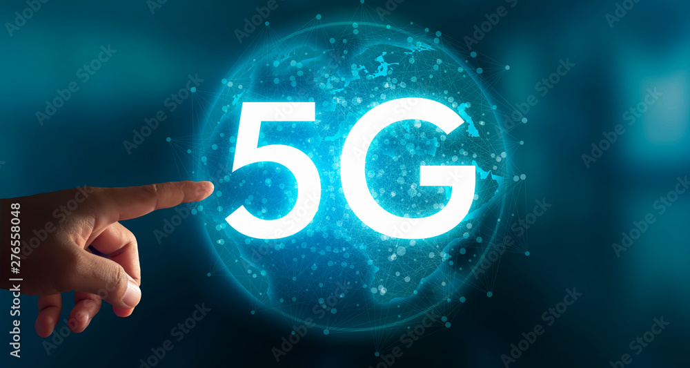 Poster businessmen connect data through modern systems of 5g technology through the most advanced security 