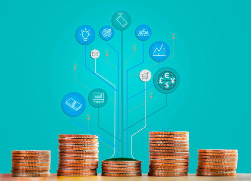 Coins Stack And Tree Infographic Showing Growht Of Business And Trade. The Concept Of Business Growth, Financial Or Money Savings.