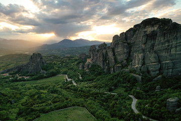 Aerial drone shot with beautiful sunset over Meteora