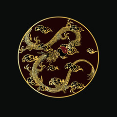 Vector two dragon vectors are occupying a crystal ball on a cloud background.in golden circle.
