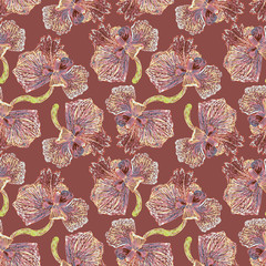 A seamless vector pattern with pink orchid flowers drawings. Surface print design. © rysunki.malunki