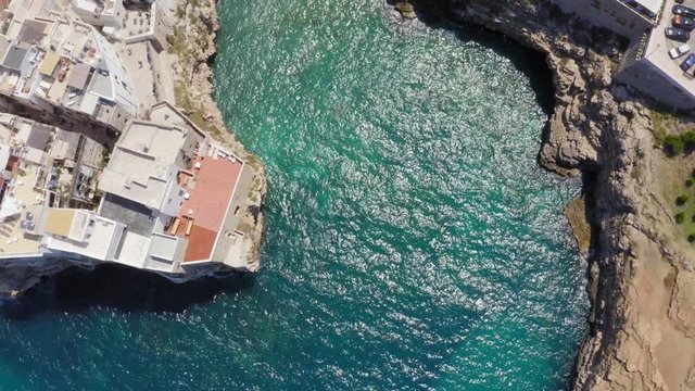 Aerial view of Polignano a Mare near Bari in Puglia, Italy, Europe. Drone shot, bird's view.