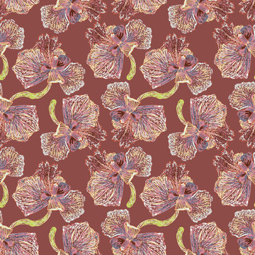 A seamless vector pattern with pink orchid flowers drawings. Surface print design.