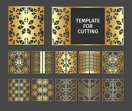 Set of laser cut template. Design wedding invitation, menu and greeting card templates with gold marble texture on a black background. Collection luxury stencil for plotter cutting or printing.