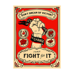 Vector propaganda vintage poster illustration, hand fist symbol emblem for T-shirt - obrazy, fototapety, plakaty