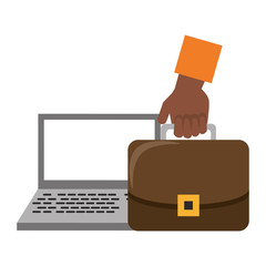 Laptop and hand with briefcase symbols