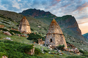 View of medieval tombs in City of Dead near Eltyulbyu, Russia