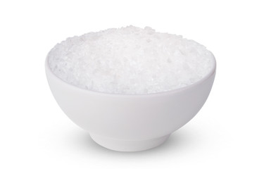 Salt or Sugar in white bowl isolated on white background