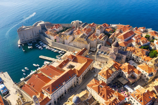 Dudrovnik, Croatia. Aerial view on the old town. Vacation and adventure. Town and sea. Top view from drone at on the old castle and azure sea. Travel - image