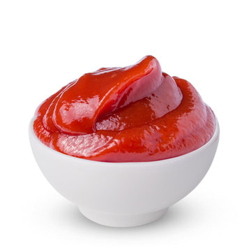 One bowl of red tomato ketchup isolated on a white background
