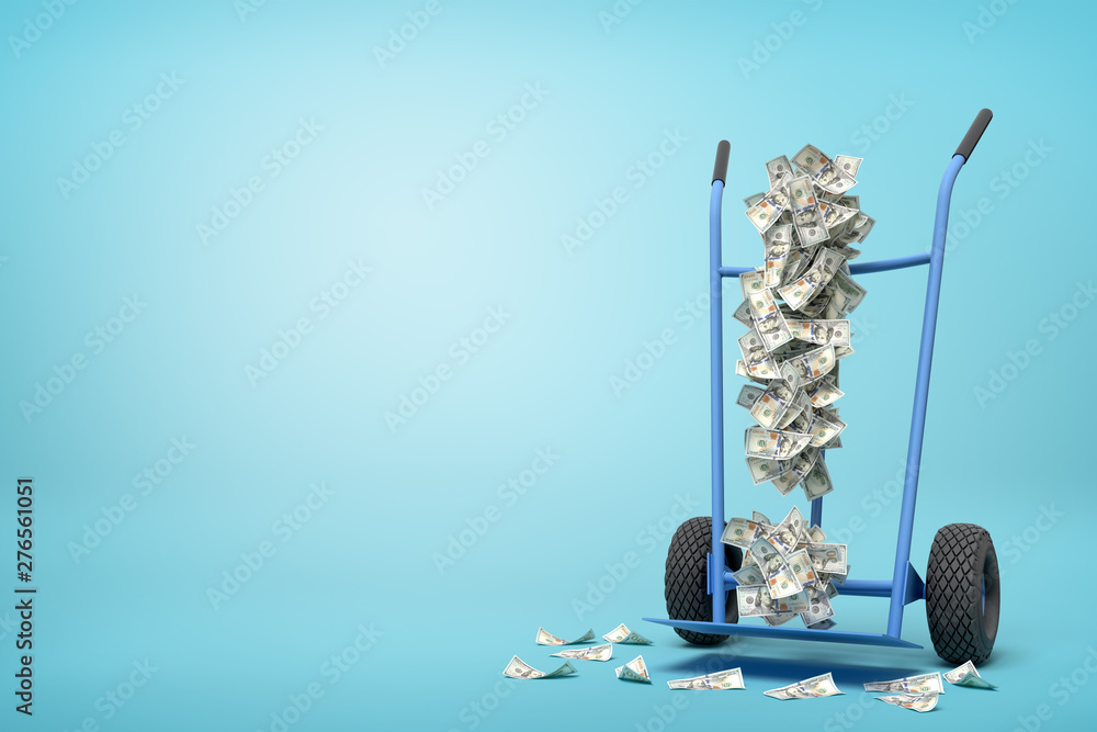 Poster 3d rendering of hand truck standing in half-turn with exclamation mark made up of dollar banknotes o