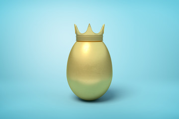 3d rendering of golden chicken egg wearing golden crown on light blue background.