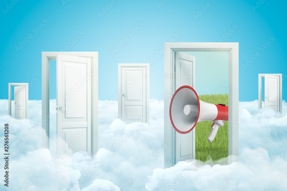 Poster 3d rendering of five doors standing on fluffy clouds and red and white megaphone emerging from one d
