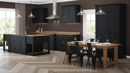 Modern house interior. Interior with black kitchen. 3D rendering. - 276561287