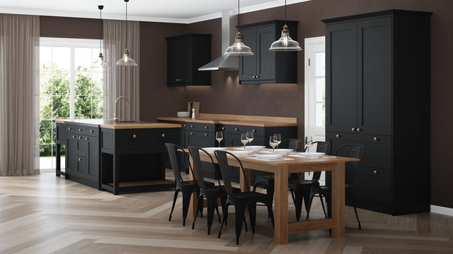Modern house interior. Interior with black kitchen. 3D rendering.