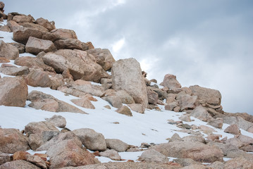 snowy rocks on mountain peak