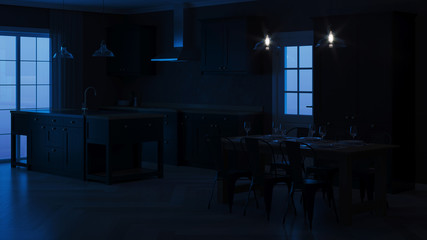 Modern house interior. Interior with black kitchen. Night. Evening lighting. 3D rendering.