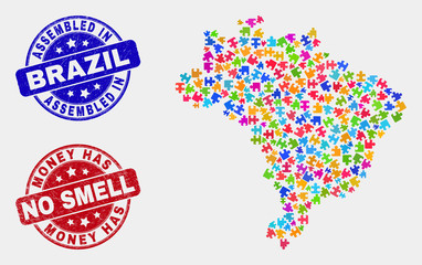 Module Brazil map and blue Assembled seal stamp, and Money Has No Smell scratched seal stamp. Bright vector Brazil map mosaic of puzzle elements. Red rounded Money Has No Smell seal.